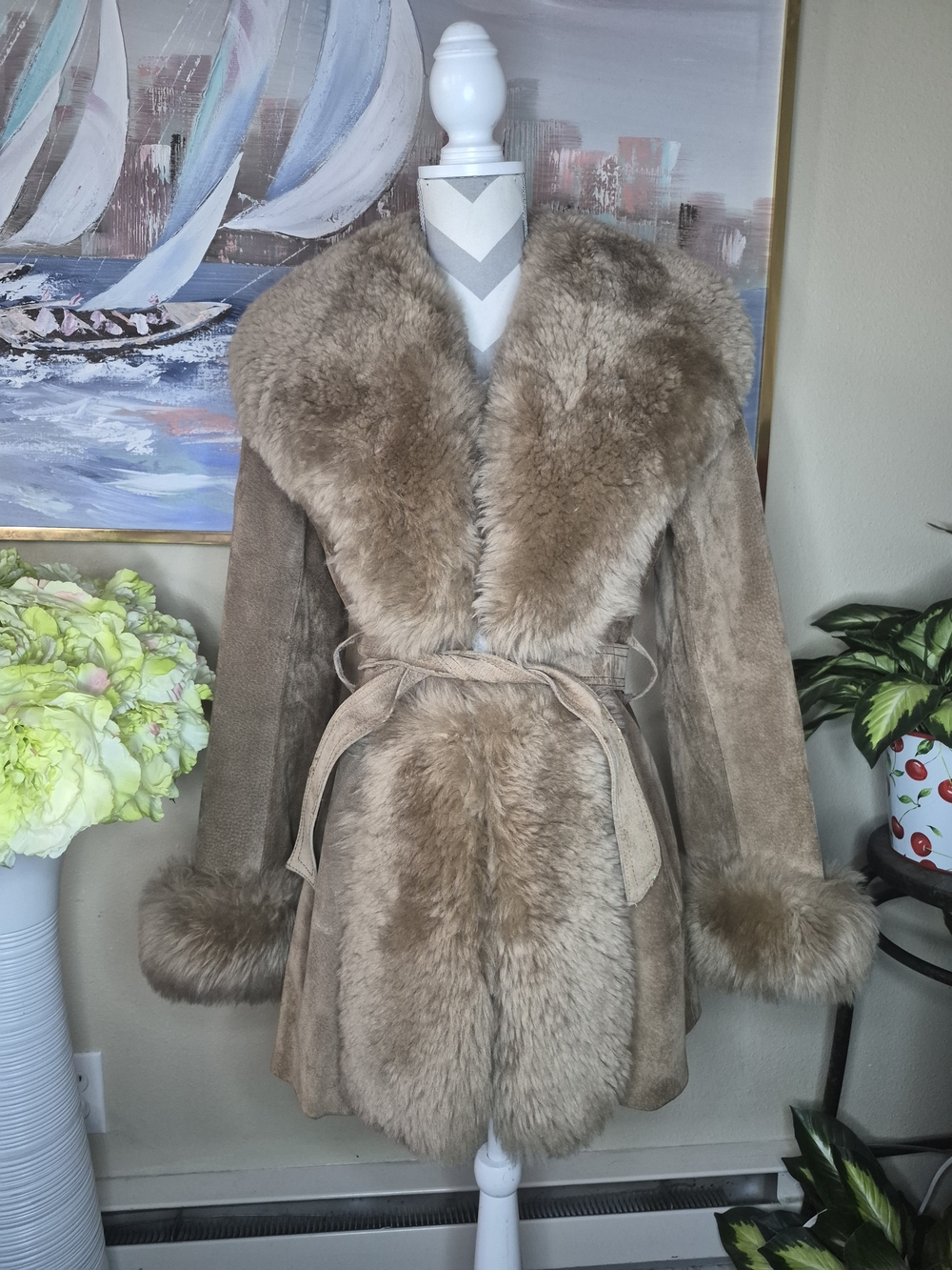 Womens Beige Sheep Fur Trim Suede Coat - Luxury Winter Jacket